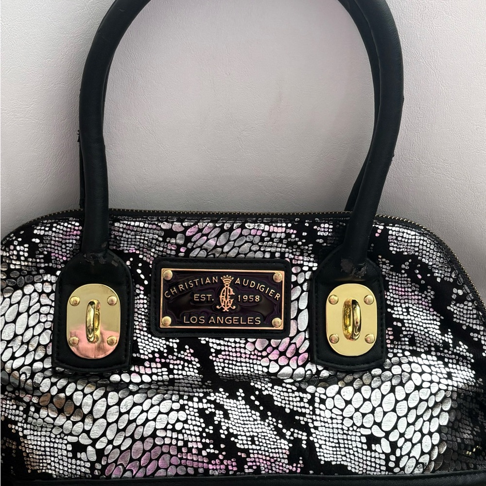 Christian Audigier Black and White Satchel with Gold Accents